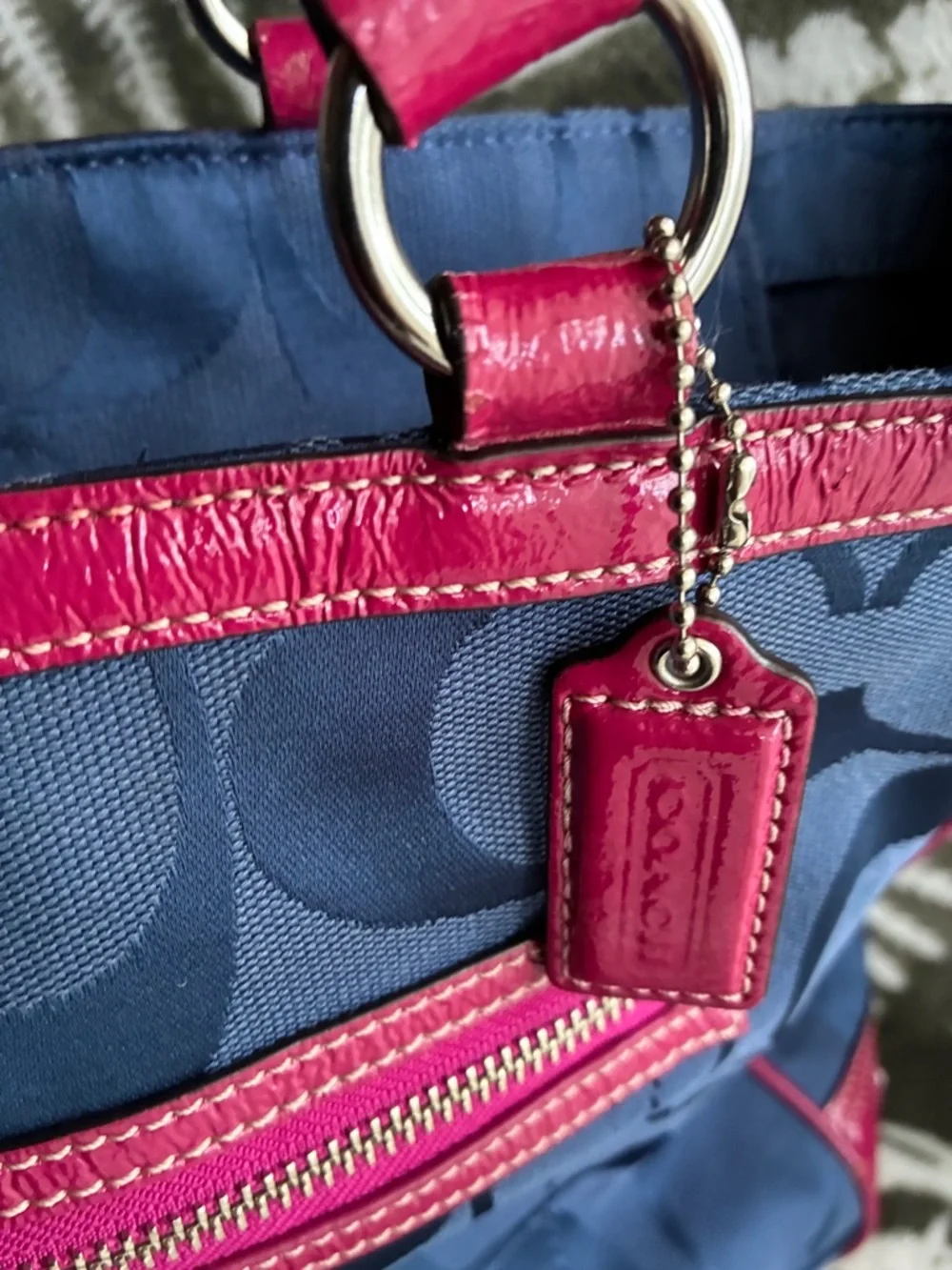 Coach Navy Signature shoulder Bag with Pink Leather Trim